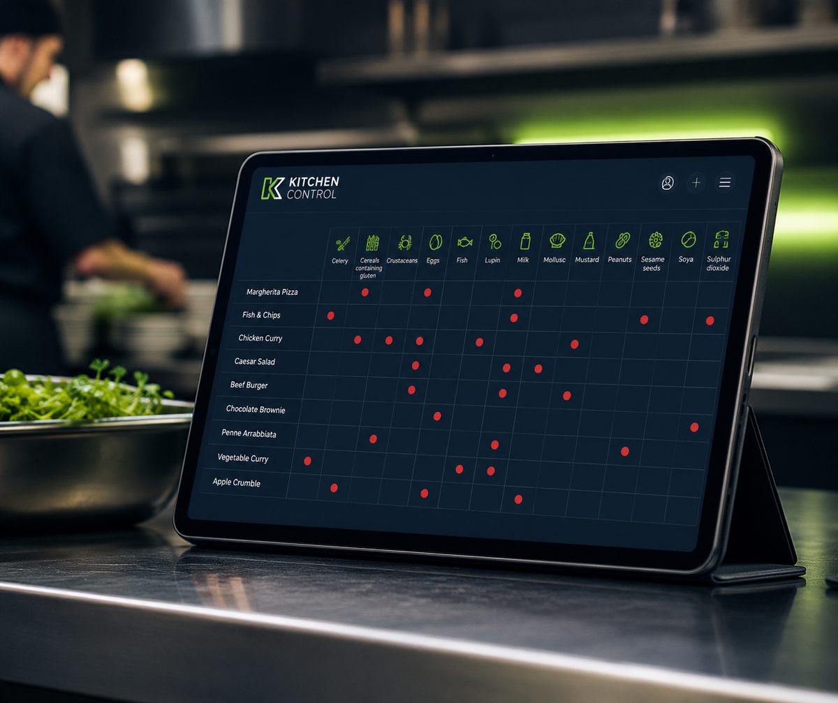 Kitchen Control allergen matrix on a tablet in a professional kitchen